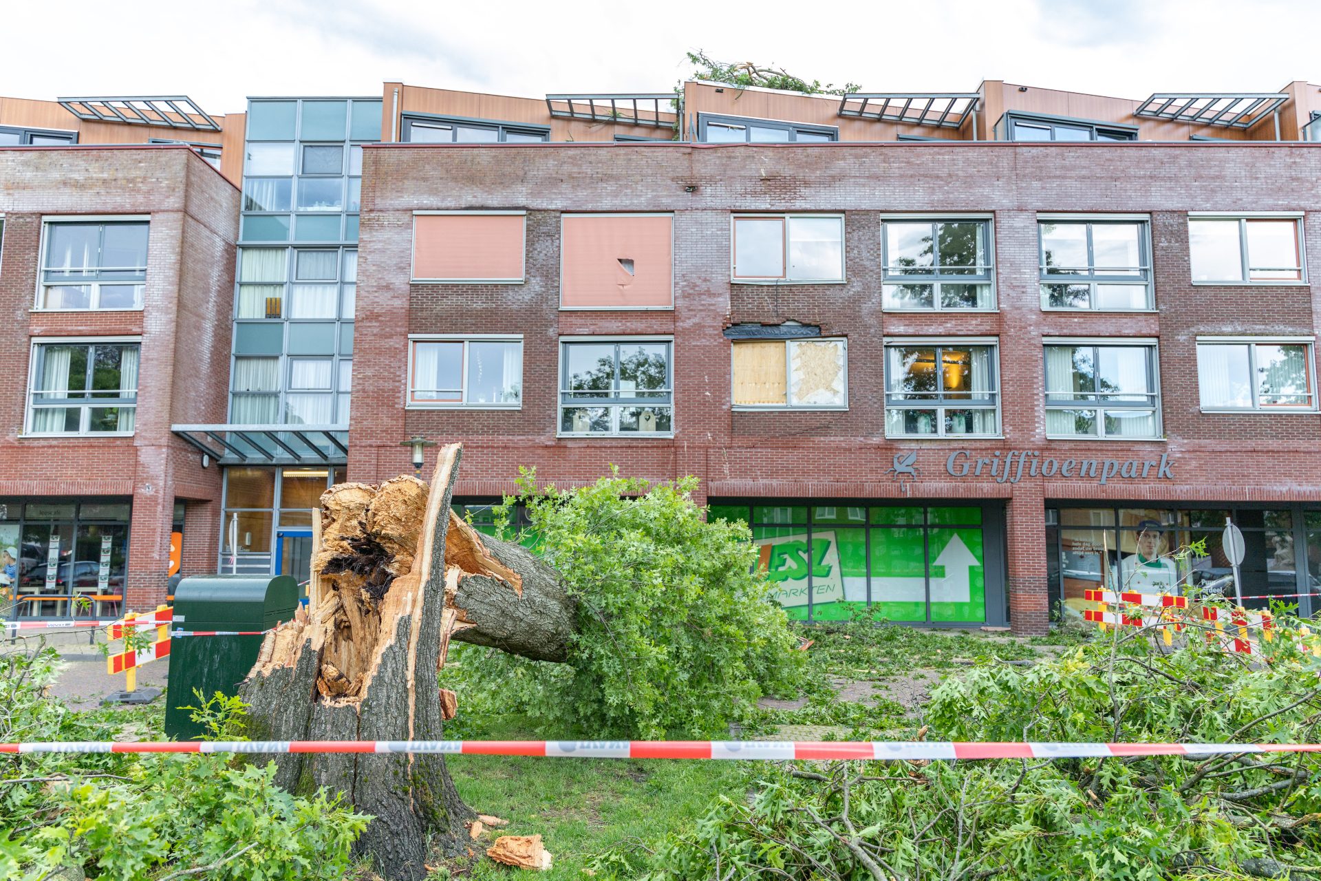 Gevel van appartementencomplex ontzet door geknapte boom in Wolvega